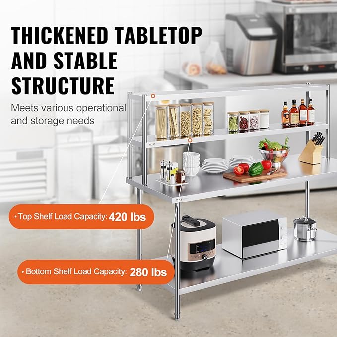 VEVOR Double Tier Stainless Steel Overshelf 12 x 72 Inch Double Deck Height Adjustable Prep Work Table for Kitchen Restaurant and Workshop