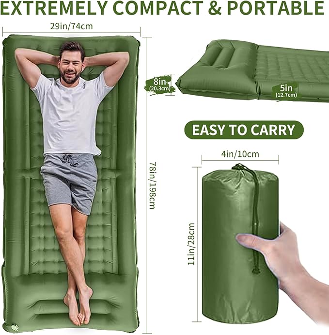 78in x 29in x 5in Camping Sleeping Pad Upgraded Durable Waterproof Compact Traveling Air Mattress Built-in Foot Pump Ultralight Inflatable Sleeping Mat for Backpacking Hiking
