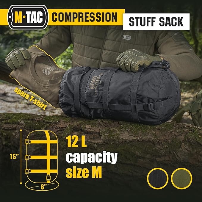 M-Tac Compression Stuff Sack + 40 Inch Bungee Cords (Set of 2) – Military Waterproof Compression Bag with Elastic Ropes and Durable Metal Hooks for Sleeping Bag Travel Camping Hiking Outdoor Gear