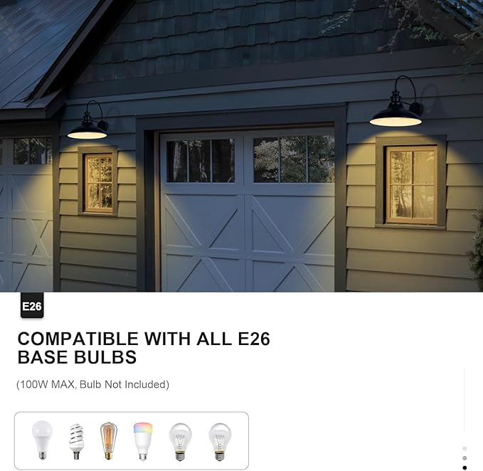 Dusk to Dawn Sensor Outdoor Barn Light Fixtures 16 Inch Dome Farmhouse Outdoor Wall Sconces Rustic Exterior Wall Mount Lights Industrial Black White Lanterns for Porch 2 Pack