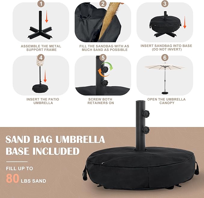 Sundale Outdoor Olefin 5-Year-Non-Fading Solar 104 LED 11FT Solar Patio Umbrella with Sand Bag Base Outdoor Umbrella with Tilt and Crank Beige
