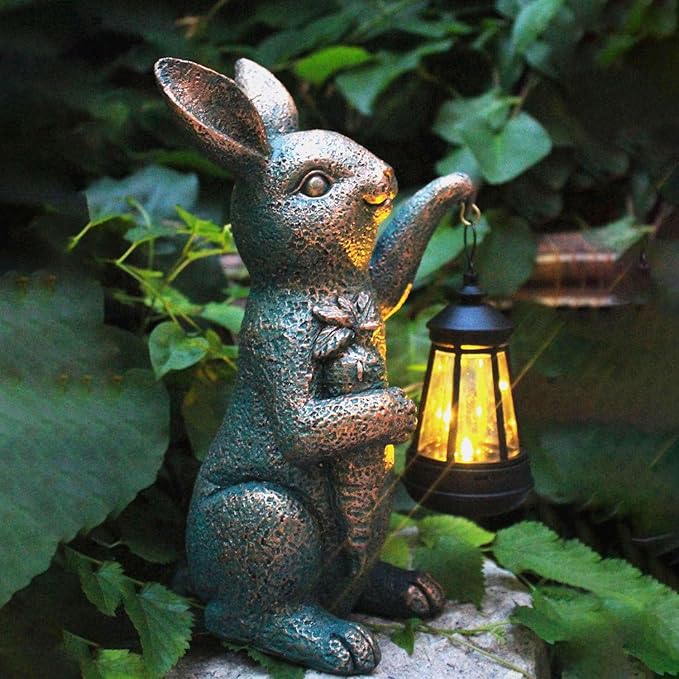 Solar Garden Statues -Rabbit Lantern Outdoor Handmade Resin Statue with LED Light Cute Carrot Holder for Patio Yard Gift Ideas (rabbit2)
