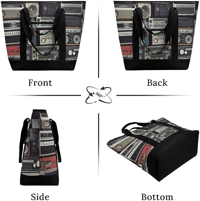 Insulated Shopping BagLarge Reusable Cooler Bags Vintage Wall of Radio Boombox Printed Foldable Shopping BagTravel Waterproof Shoulder Bag