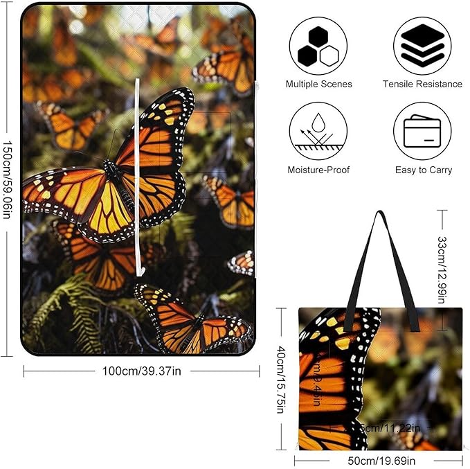 Zipper Heaps of Orange Monarch Butterflies Style Picnic Mat Suitable for Travel Camping Park Or Home Use