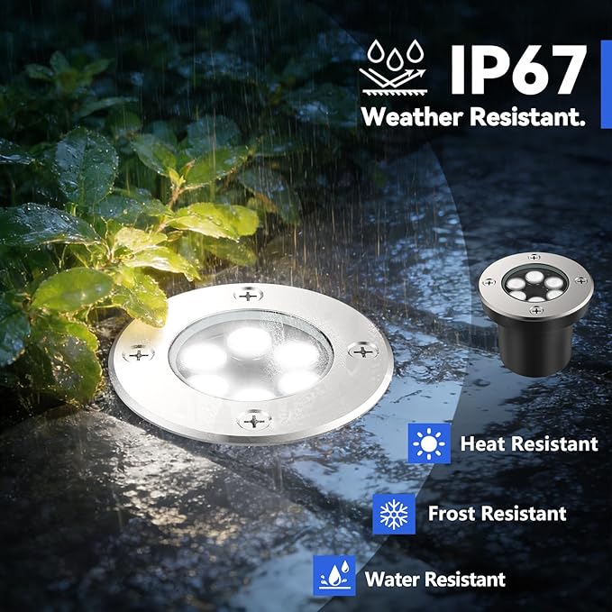JESLED Low Voltage Landscape Lights 6W LED Well Lights IP67 Waterproof 6000K Bright White In-Ground Lights with Wire Connectors for Pathway Deck Patio Yard Garden (12 Pack)