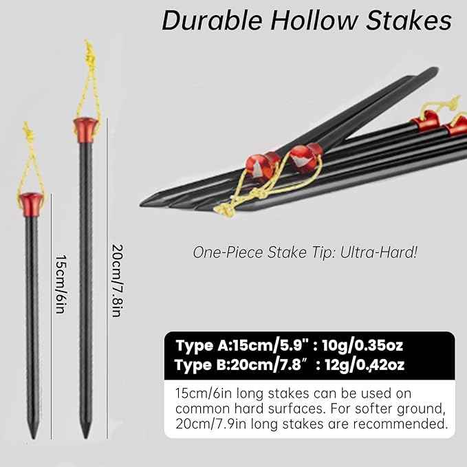 10 Pack Camp Tent Stakes 6/7.9 Inch Non-Rust Ground Stakes Hollow Aluminum Canopy Anchors Ultralight Tent Spikes Used on Rocks Ideal for Camping Trampolines Sheds Backyard Swing Sets