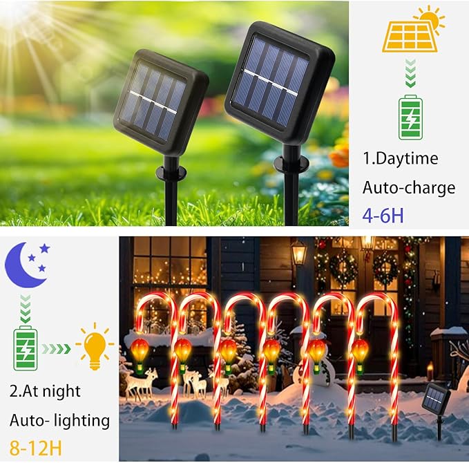 12 Pack Outdoor Solar Christmas Decorations 180 Bright LED Solar Candy Cane Christmas Lights 8 Lighting Modes Waterproof Outside Xmas Decorations with Lantern Decor Lights for Pathway Yard Garden