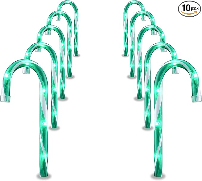 GAGALIFE Candy Cane Lights - 10 Pack Candy Cane Pathway Lights 10 Christmas Candy Cane Lights Green Outdoor Candy Cane Christmas Decor for Walkway Driveway Sidewalk Stake Lights Markers