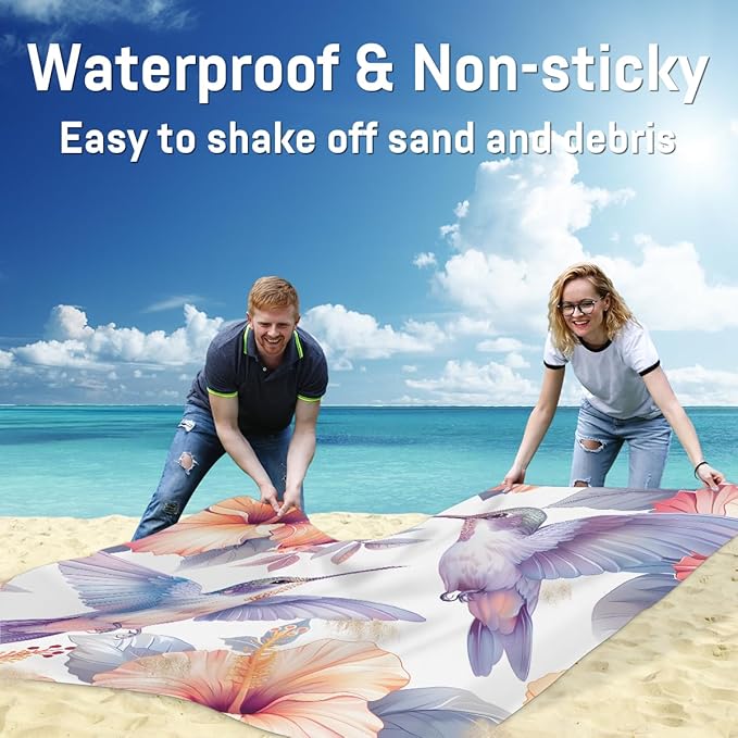 Waterproof Sandproof Beach Blanket 59''×68'' Bird-Hummingbird Polyester Outdoor Picnic Blanket with 4 Stakes &amp Storage Bag for BeachCampingVacation Purple