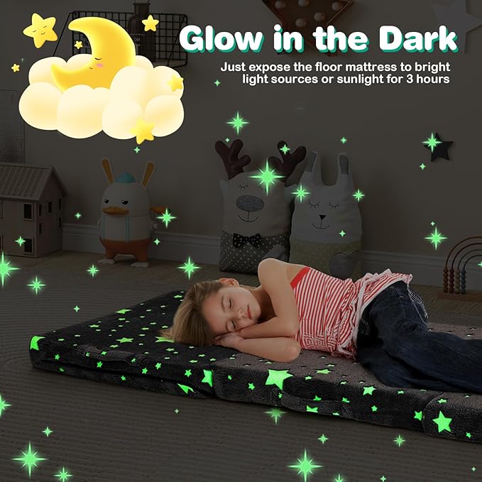 Costzon Foldable Floor Mattress for Kids Glow in The Dark Toddler Floor Nap Mat w/Washable Flannel Cover Tri-Folding Children Floor Bed for Sleeping Daycare Playroom School Kindergarten or Nursery