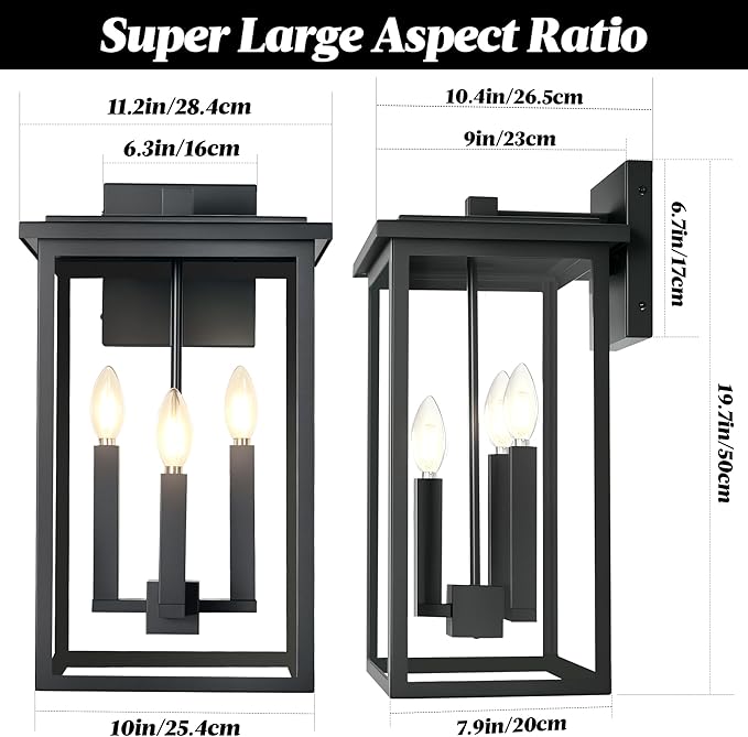 Modern Outdoor Wall LightsLarge Exterior Wall SconceBlack Porch Light FixtureOutdoor House Lights Wall MountWaterproof Outside Light For Garage Front Door With Thick Clear Glass E12 1 Pack