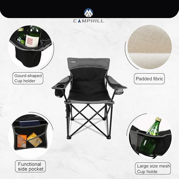 CAMPHILL Oversized Portable Camping Chairs Collapsible Outdoor Chairs with Pocket and Cup Holders Carry Bag for CampingTailgatesBeachand Sports
