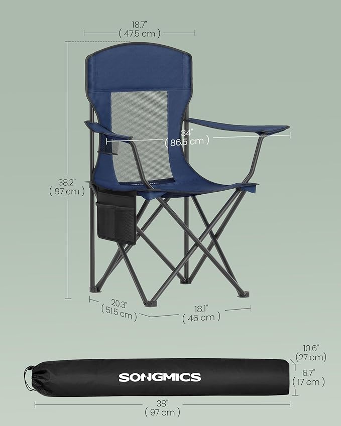 SONGMICS Breathable Camping Chairs Foldable Outdoor Chairs Set of 2 High Back Adjustable Armrests Drink Holder Weight Capacity 330 lb for Sports Garden Backyard Harbor Blue UGCB028Q01