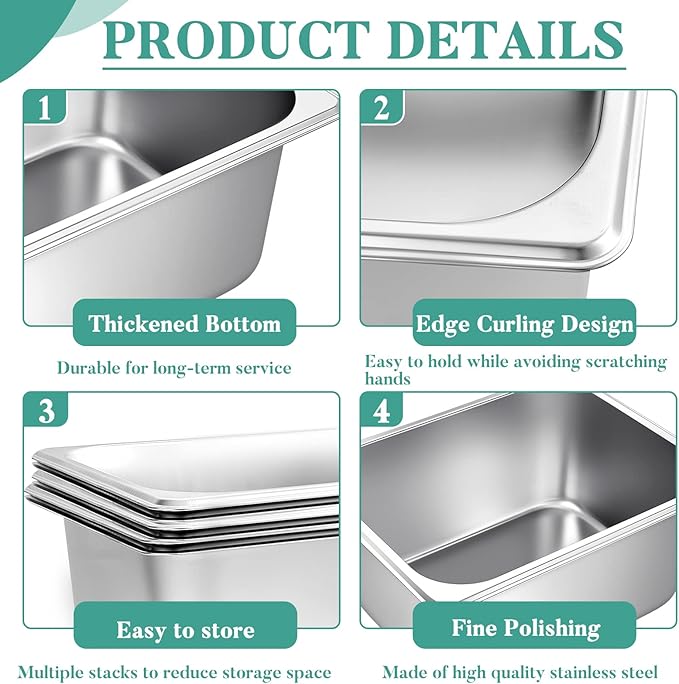 Zubebe 4 Pcs Hotel Pans Stainless Steel Steam Table Pan 1/2 Half Size 6 Inch Restaurant Steam Table Pan Deep Metal Food Tray Commercial Food Pans for Restaurant Party Buffet Catering