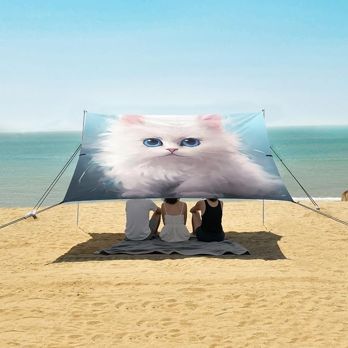 Cute Fluffy Cat Beach Tent Sun Shelter 9.2' x 10.5' Beach Canopy with 4 Sandbags 4 Stability Poles Sand Shovels - Tent Canopy for Beach Camping Fishing Picnics