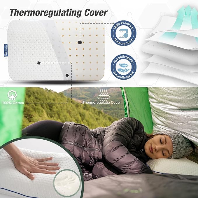 Travel &amp Camping Comfortable Memory Foam Pillow – Easy to Carry Portable Bag – Temperature Regulating Pillow Case - Perfect for Travelling (White)