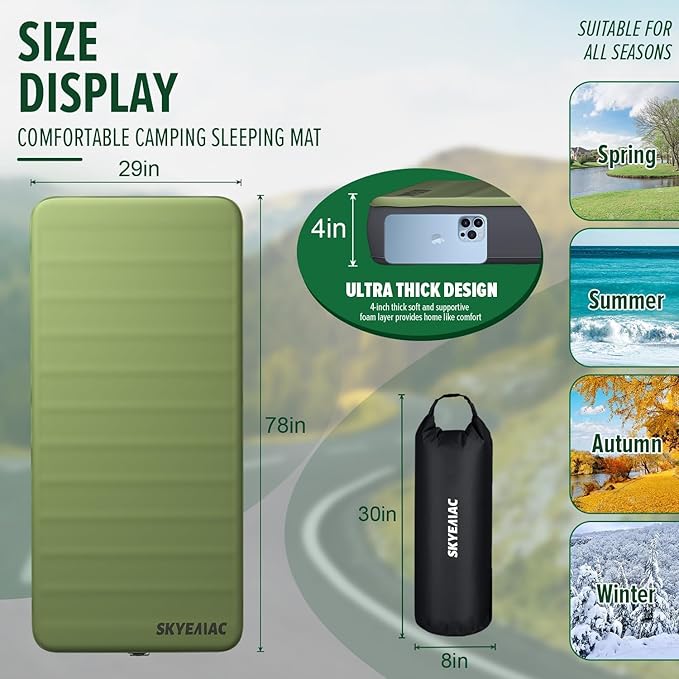 4 Thick Self Inflating Sleeping Pad with 13R Memory Foam 78 x 29 Camping Mattress with Pump Sack Portable Roll Up Bed Inflatable Outdoor Mat for Rooftop Tent Car Truck Van 4 Season