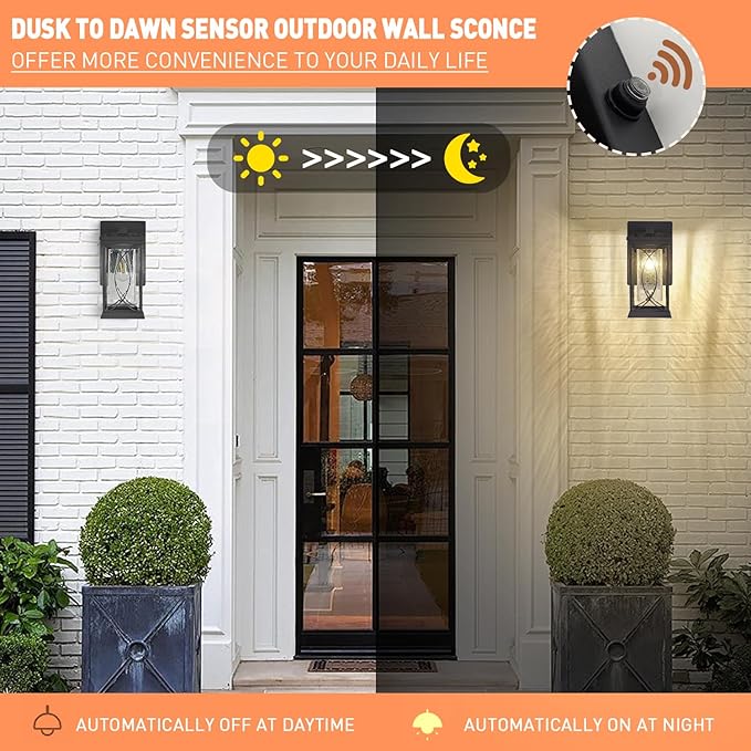 Dusk to Dawn Outdoor Wall Lanterns Small Modern Exterior Light Fixture Aluminum with Crack-Like Glass UL and IP65 Waterproof Wall Sconce Outdoor Wall Light for Porch Garage Front Door Black