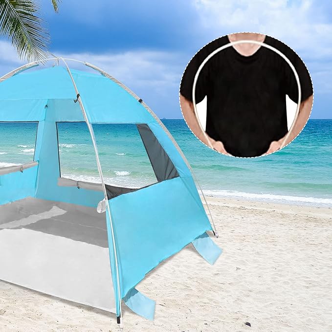 2 Person Pop Up Beach Tent Anti-UV Beach Shelter Easy Step Up 3 Mesh Windows and 6 Sandy Bags Keep Your Beach Trip Cool(Light Blue)