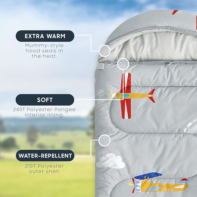 Wake In Cloud - Kids Sleeping Bag for Boys Toddlers Camping in Warm Cold Weather Backpacking Lightweight Compact Outdoor Liner for 3 Seasons Colorful Vintage Airplanes