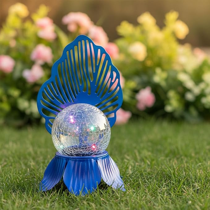 Solar Lights Outdoor Flower Garden Decor with Crackle Glass Globe Lights Metal Flowers for Outside Yard Lawn Patio Porch Pathway Tabletop Housewarming Gifts for Mom Women
