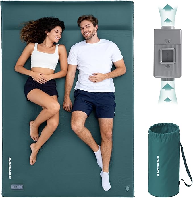 Double Camping Sleeping Pad with Electric Pump 3.15 Thick 2 Person Self Inflating Memory Foam Mattress Pad with Pillow Portable Sleeping Mat for Travel Car Tent- Dark Green Full Size