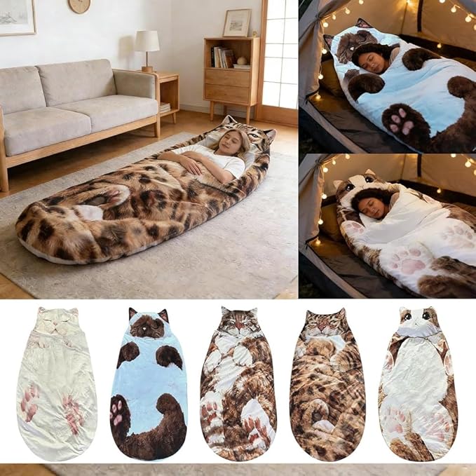 Fluffy Cat Sleeping Bag 68.9×31.5 Inch Soft Plush Warm Wearable Blanket Envelope Sleeping Bag for Camping Travel Sleepovers &amp Home Lounging (D)