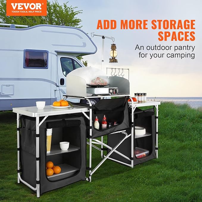 VEVOR Camping Kitchen Table Folding Outdoor Cooking Table with Storage Carrying Bag Aluminum Cook Station 3 Cupboard &amp Detachable Windscreen Quick Set-up for Picnics BBQ RV Traveling Black