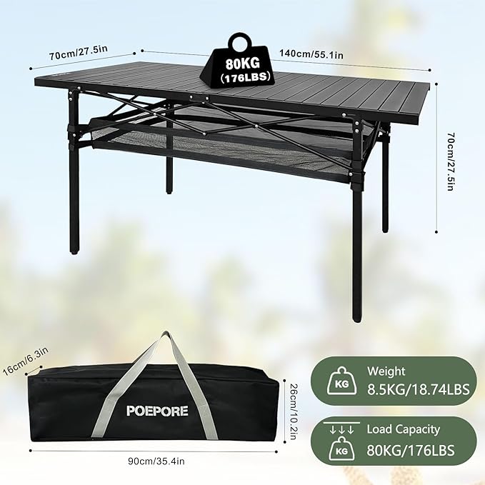 Large Folding Camping Table Aluminum with Storage for 4-6 People 55X27.5 Roll Up Tall Outdoor Portable Table Lightweight with Carry Bag for Picnic BBQ Backyard Beach