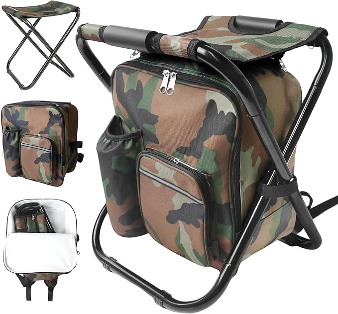 Folding Camping Chair Stool Backpack with Cooler Insulated Picnic Bag Portable Hunting Fishing Multifunction Chair for Outdoors Hiking Hunting Travel (Camouflage)