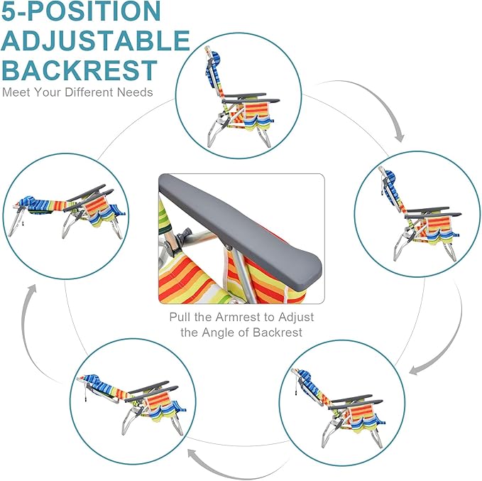 S AFSTAR Folding Beach Chair Set 2 Pack Folding Chair and Aluminum Small Table 5-Position Adjustable Camping Chairs with Ice Bag Comfort Pillow 3 PCS Backpack Recline Beach Chairs (Color Strip)