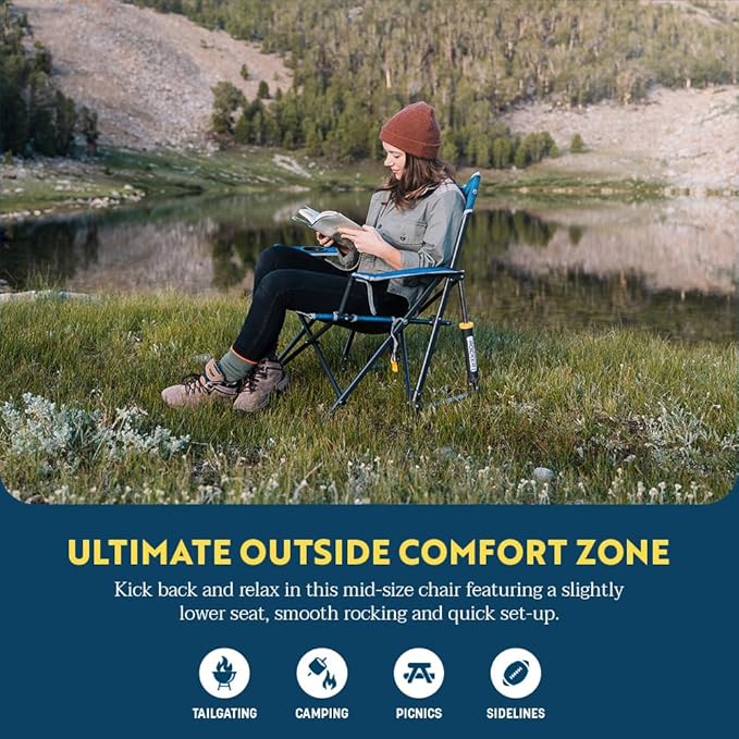 GCI Outdoor Kickback Rocker Camping Chair | Portable Folding Rocking Chair with Durable Armrests Drink Holder &amp Relaxed Lowered Seat for Comfort — Red
