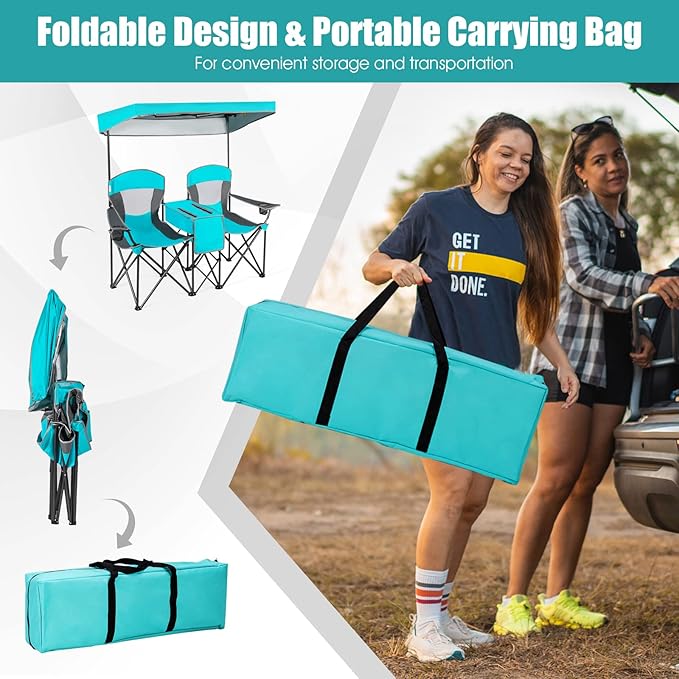 Tangkula Loveseat Camping Chair with Adjustable Shade Canopy Portable Beach Chair with Cooler Bag 2 Cup Holders Carrying Bag Foldable Double Lawn Chair for Travel Fishing Picnic (Navy)
