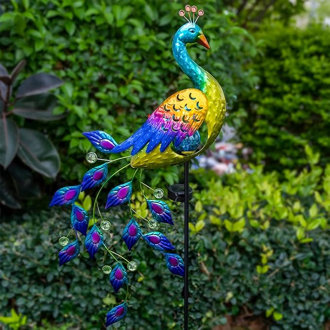 DREAMSOUL Solar Garden Lights Outdoor Metal Peacock Decor Solar Lights Garden Stakes with Led String Lights Waterproof Crackle Glass Ball Landscape Path Light for Lawn Patio