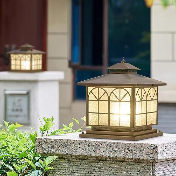 All Copper Steel Glass Outdoor Post Lights Waterproof Pillar Light Vintage Patio Lawn Column LampOutdoor Column LightsDeck Lights Lantern Fence Lamp Fixture E26 Base (Arch Glass 12X12IN)