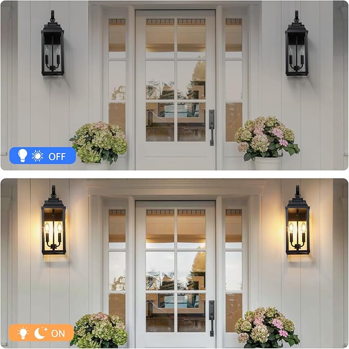 18.7'' Large Outdoor Wall Sconce 2-Light Black Exterior Front Porch Light Fixture Modern Outdoor Porch Lamp with Tempered Glass Waterproof Outside Wall Lantern for Patio