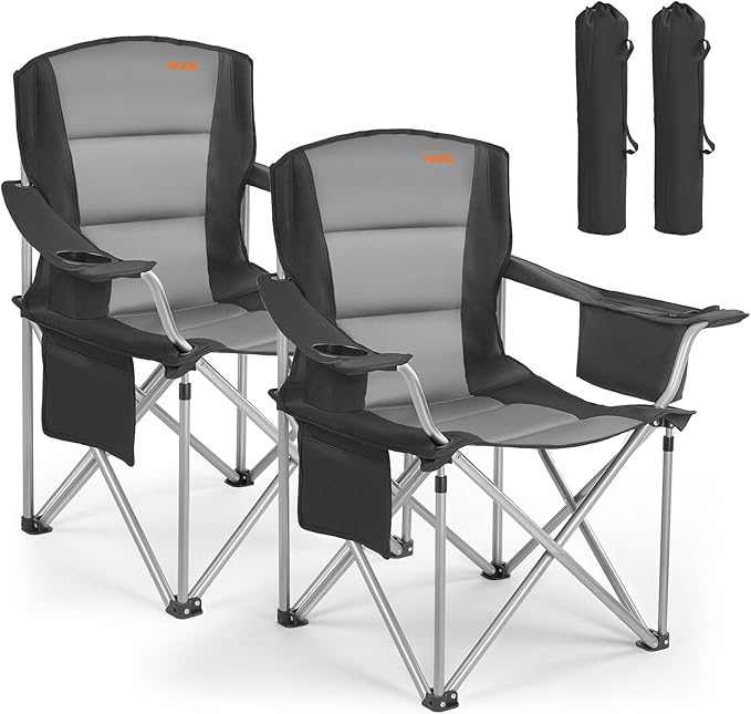 VEVOR Oversized Camping Folding Chair Portable Heavy Duty Outdoor Quad Lumbar Back Padded with Side Pockets Cup Holder and Cooler Bag for Beach Lawn Picnic Fishing Backpacking 2 Pack