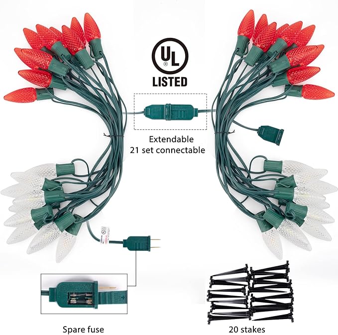 C9 LED Christmas String Lights Outdoor 26 Feet 20 LED Christmas Pathway Lights with 20 Plastic Stakes Connectable Waterproof for Driveways Xmas Holiday Patio Decoration Red and Warm White