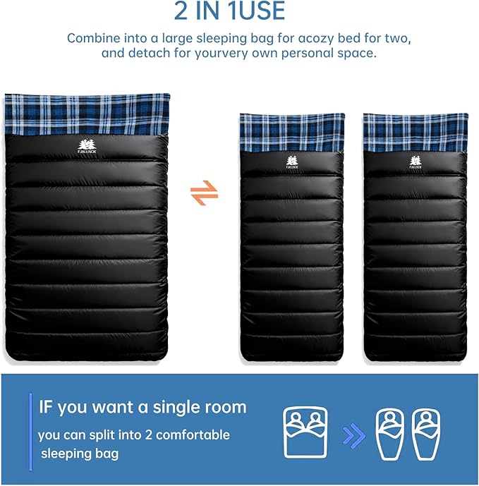 Double Sleeping Bag Cotton Flannel for Camping Backpacking Or Hiking. Queen Size 2 Person Waterproof Sleeping Bag for Adults Or Teens. Lightweight with Compression Sack
