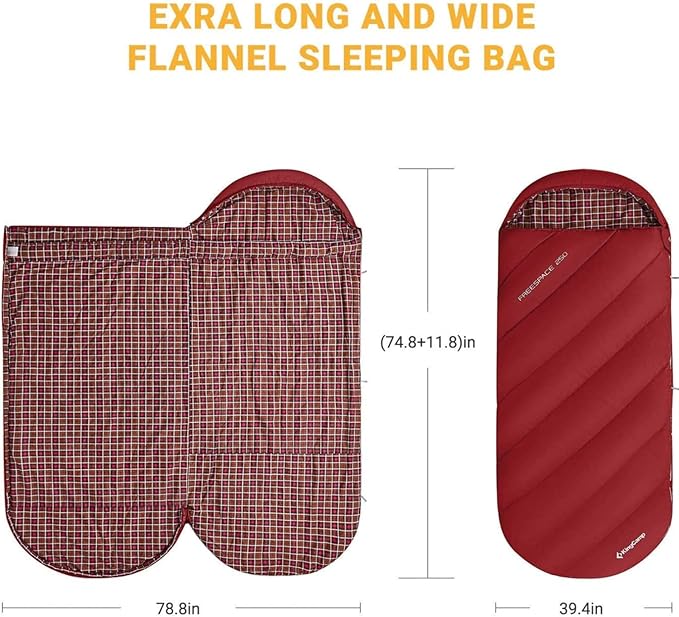 KingCamp Sleeping Bags Big and Tall Flannel Sleeping Bag for Adults Lightweight Portable Extra Wide Sleep Bag for Camping Backpacking Perfect for Cold and Warm Weather Outdoor Gear