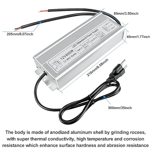 inShareplus 400W 12V Power Supply IP67 Waterproof Outdoor LED Driver AC 90-140V to DC 12 Volt 33.3A Converter Low Voltage Transformer with 3-Prong Plug for LED Light and Other 12V DC Products