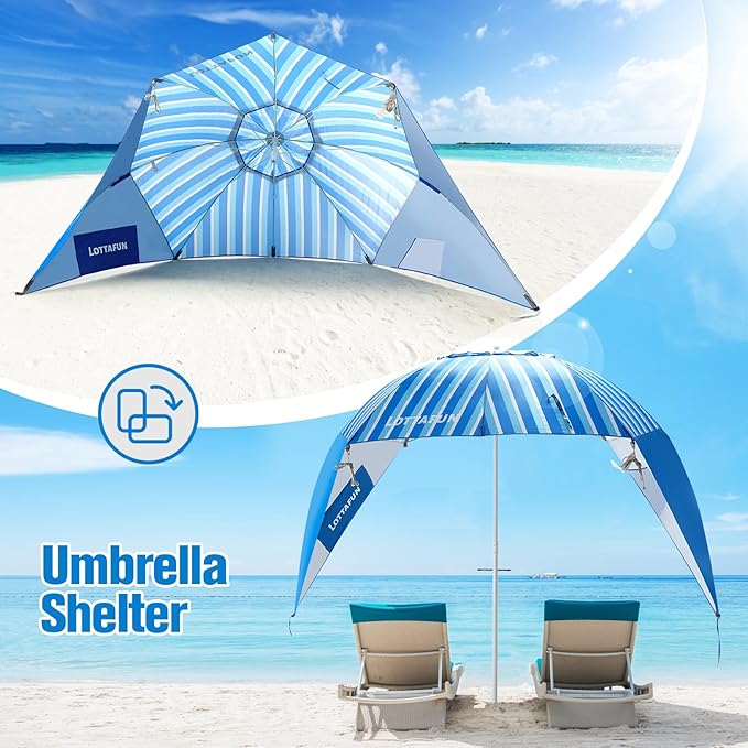 Beach Shelter Umbrella Premiere UPF 50+ Umbrella Shelter for Sun and Rain Protection for Adult (10-FootBlue Stripe)