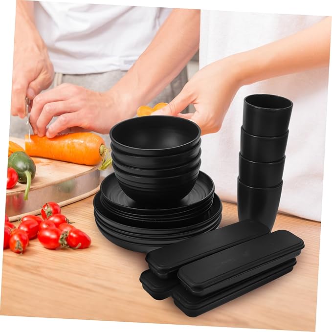 4sets Black Camping Picnic Utensil Bowl Plate Cup Cutlery Case Modern Portable Dinnerware for Outdoor