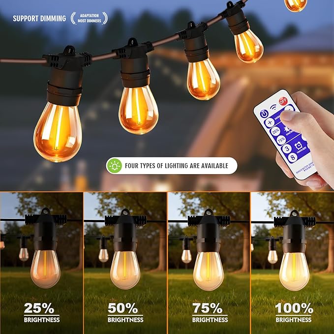 Outdoor Solar String Lights 49FT 15 Shatterproof &amp Waterproof LED Patio Lights with Remote Dimmable &amp Timer Functions 2700K Warm White Commercial Grade Decorative Hanging Lights