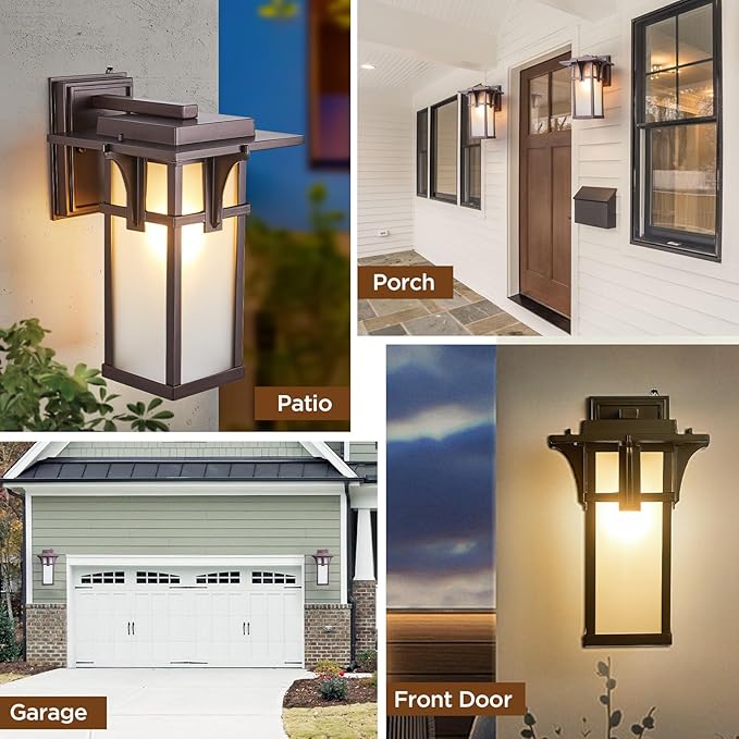 Oil Rubbed Bronze Porch Light Fixtures Wall Mount Dusk to Dawn Outdoor Sconce Waterproof Aluminum with Frosted Glass Exterior Lantern Modern House Lighting for Outside
