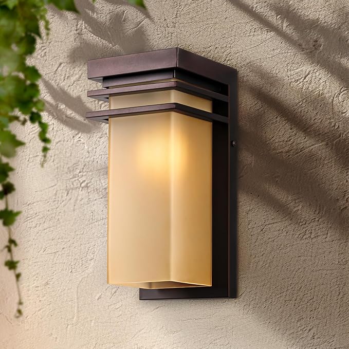 Outdoor Wall Sconce Exterior with Antique Amber Glass Modern Porch Lights Fixture Wall Mount 12 inch Bronze Patio Lighting for House Garage E26 Base