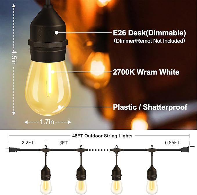 50FT LED Outdoor String Lights with 15+2 Shatterproof Bulbs IP65 Waterproof Commercial Grade Patio String Lights for Outside Porch Backyard Garden Deck Decor 2700K Dimmable