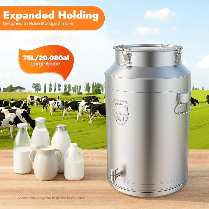 Stainless Steel Milk Can 76L/20.1Gal Metal Drink Dispenser Airtight Canister with Faucet &amp Lid Wine Oil Beverage Storage Container for Kitchen Restaurant Party W15.8*H25.2in
