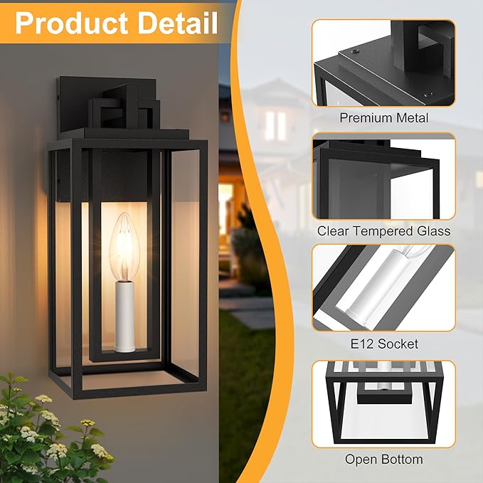 Modern Outdoor Wall Lights 14In Exterior Lighting Fixtures with White E12 Base Wall Mount Lantern Waterproof Outside Sconce for House Porch Patio Yard Front Door