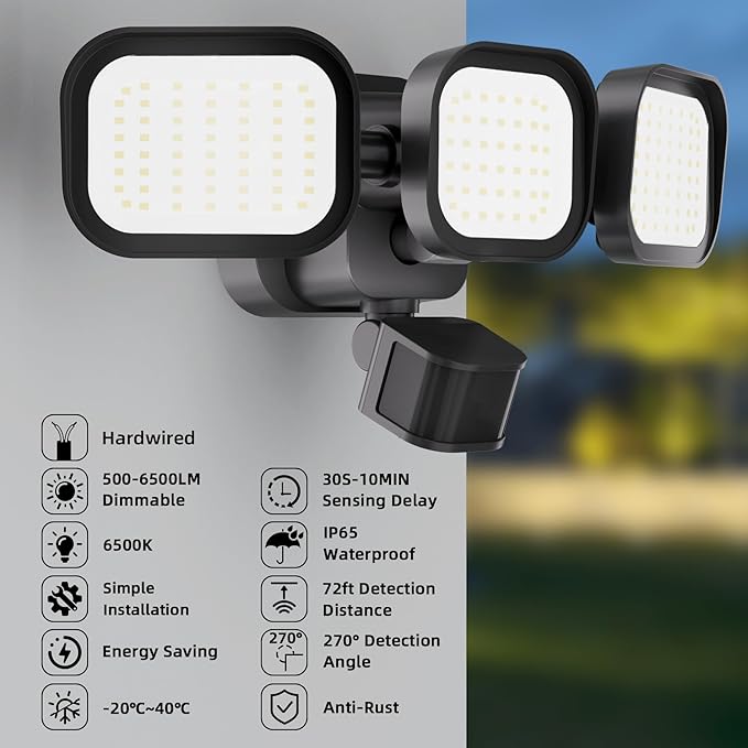LED Motion Sensor Outdoor Lights 6500LM 270° 72FT Detected Range Dusk to Dawn 5000K IP65 Waterproof Flood Lights Outdoor 3 Head Motion Detector Security Light for GarageYard